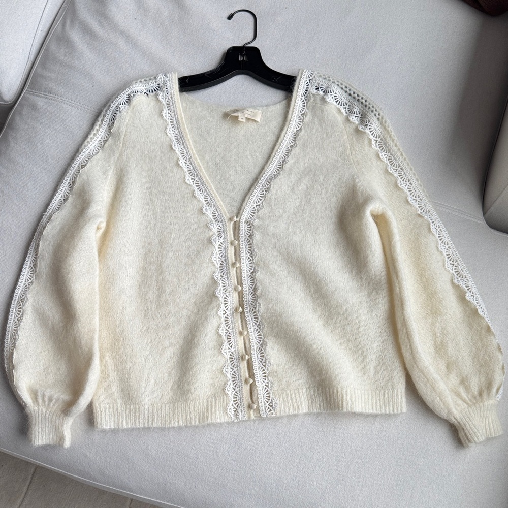 Sezane Cream Cardigan with Lace Trim